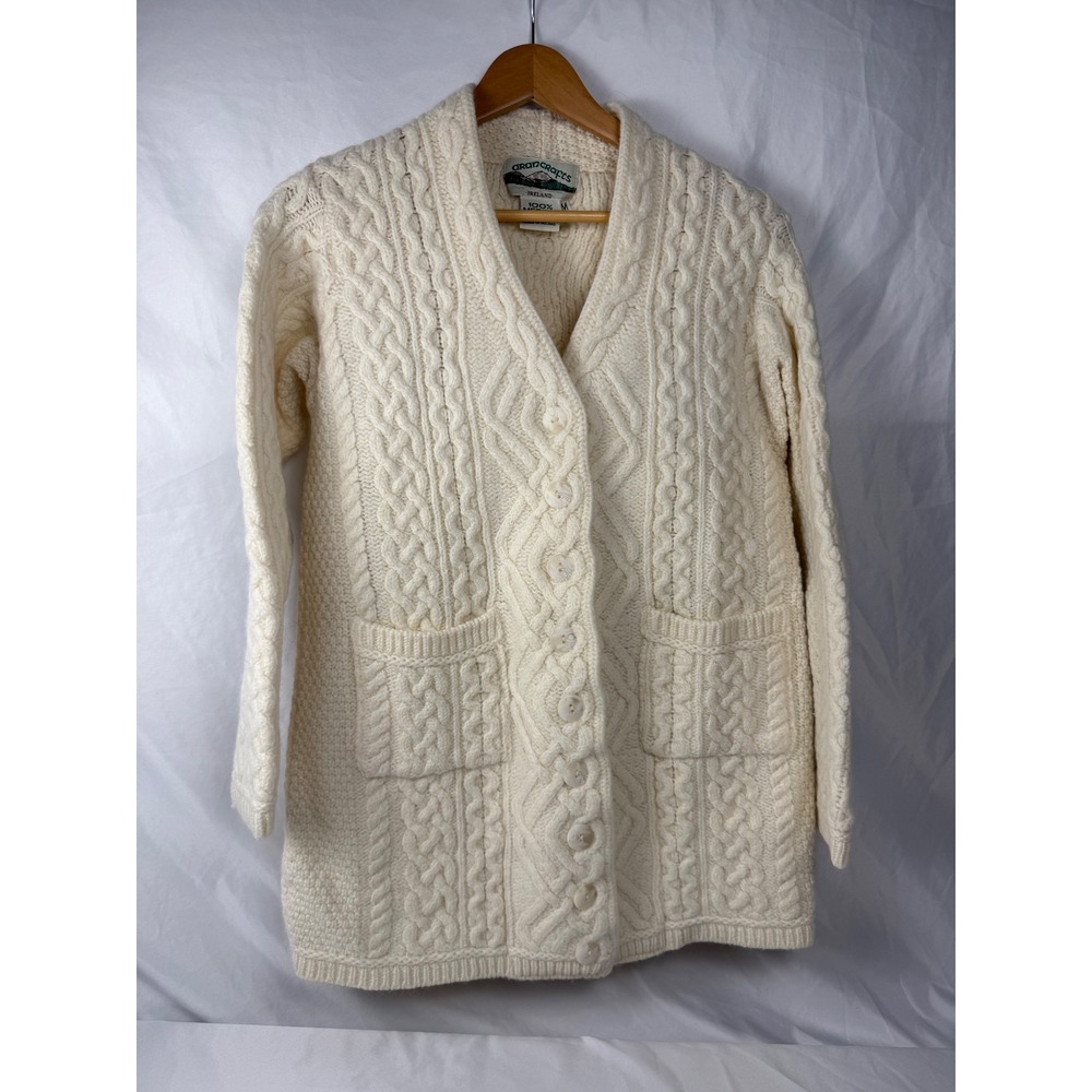 Aran Crafts Ireland Size M 100% Merino Wool Cable Knit Cardigan Cream